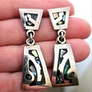 Silver 925 Signed Shell Inlaid Dangle Post Earrings Mexico Vintage